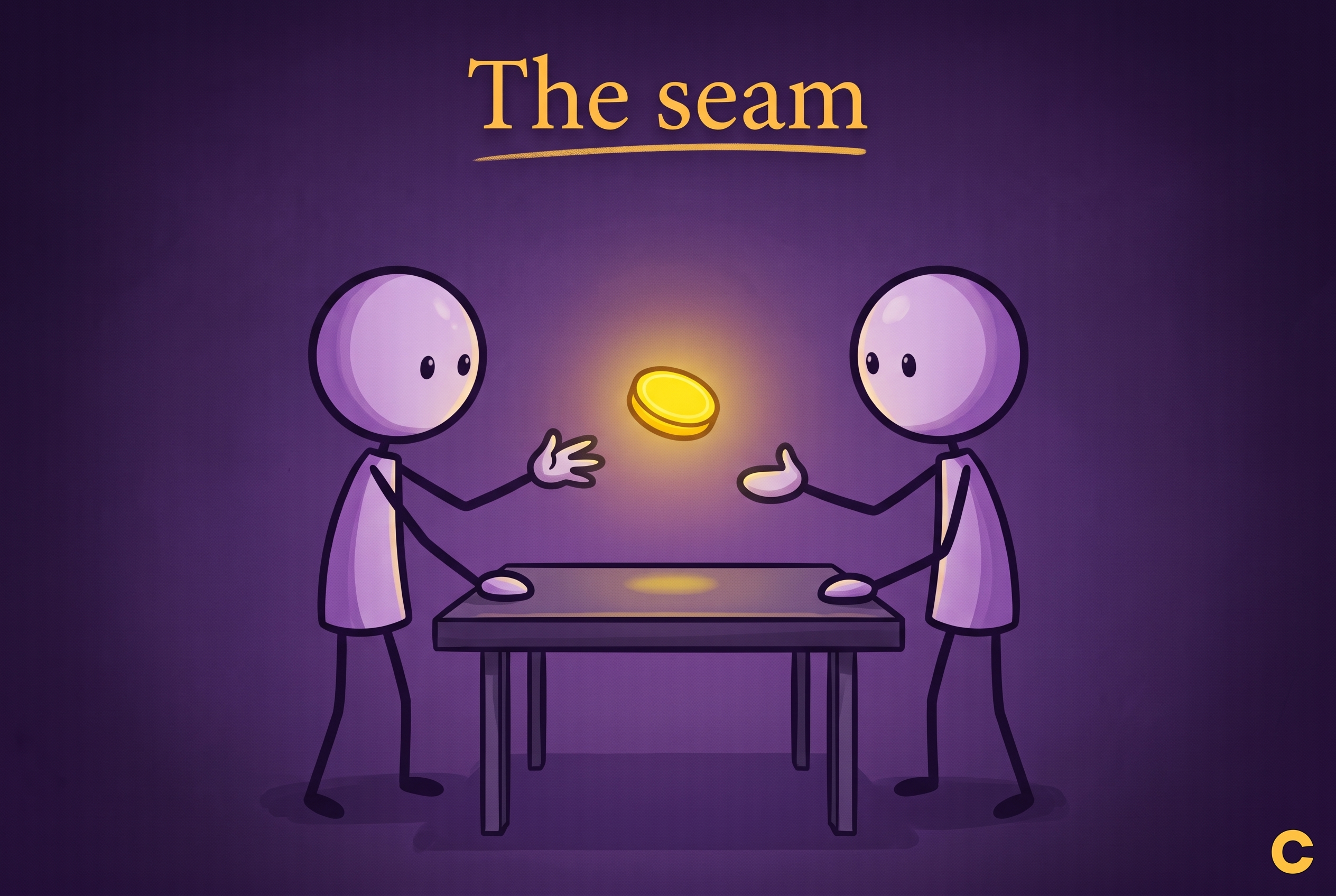 A hand-drawn style illustration titled &lsquo;The seam.&rsquo; Two lavender stick figures with round heads face each other across a dark table, a single glowing gold coin hovering in the gap between their open hands, held by neither.
