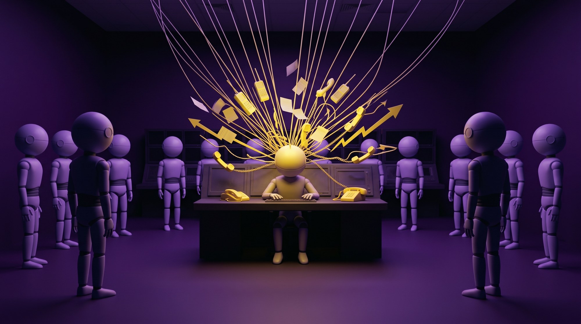 A hand-drawn style illustration titled &lsquo;The bottleneck.&rsquo; In a dim violet control room, one lavender figure sits buried under a fan of glowing yellow phones and cords converging on its head, while other figures stand idle in the dark, waiting.